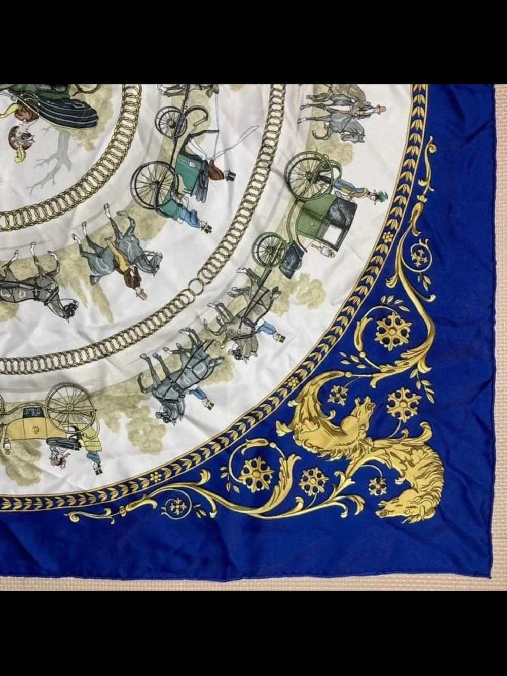 Hermes Royal Blue, White & Gold Carriage Silk Scarf